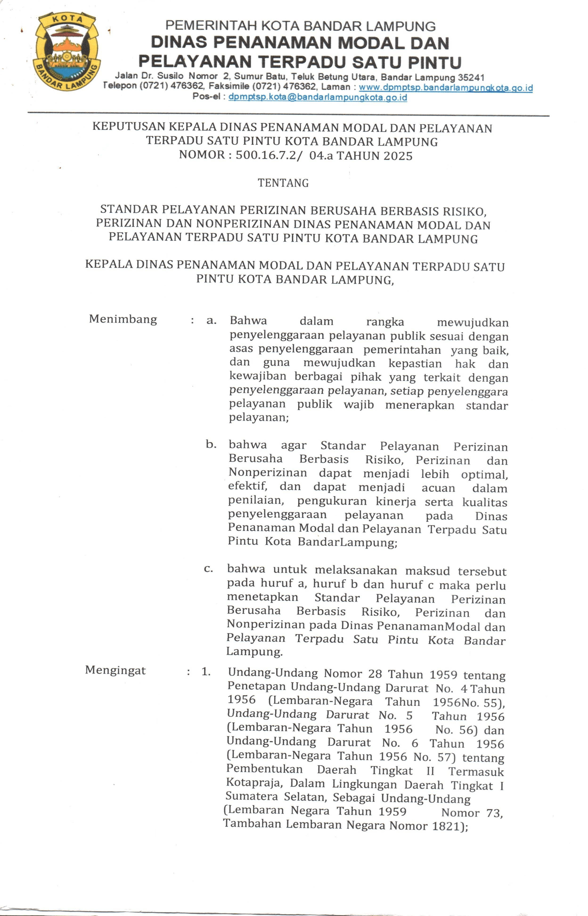 SK Kepala DPMPTSP Tentang Standar Pelayanan Perizinan Berusaha